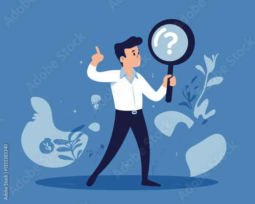Curious Businessman Holding Magnifying Glass with Question Mark Investigating Analyzing Data Minimalist Flat Vector