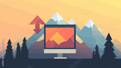 Flat Minimalist SVG Vector of Magnifying Arrow Up and Monitor with Mountain Landscape in Low Poly Style for Business Data Growth Visualization