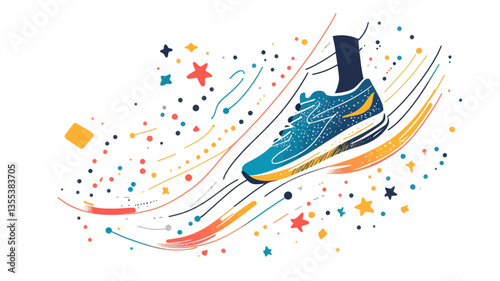 Abstract Vector Illustration of Running Shoes with Starry Sky and Universe Elements in Minimalist Style for Sports Enthusiasts and Fitness Motivation