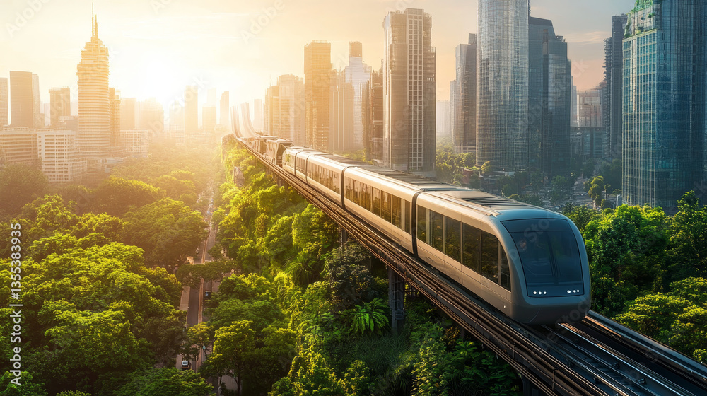 Public modern skytrain transport, subway urban system isolated on white, flat vector illustration. Ecology friendly electric traffic train, concept city of future clean air no pollution.