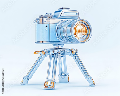 Blue camera on tripod, light blue background, photography equipment