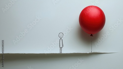 A simple stick figure standing next to a large red balloon against a light background.