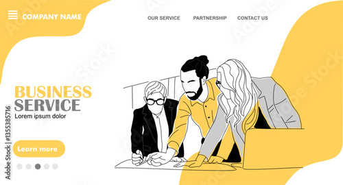 Business service concept landing page. Website template with business team members, men and women working together. Flat graphic outline sketch vector illustration