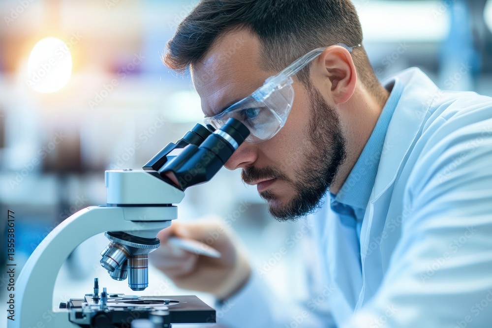 Scientist wearing safety glasses examining sample through a microscope. Perfect for illustrating science, research, and medical breakthroughs. Scientist wearing safety glasses examining sample through a microscope. Perfect for illustrating science, research, and medical breakthroughs.