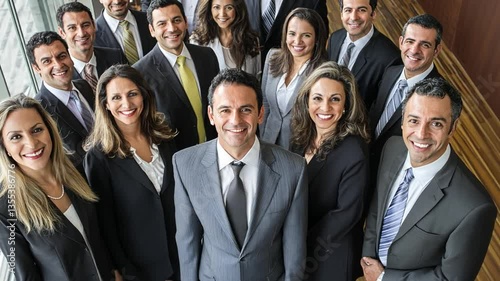 A large, diverse group of business professionals, all smiling at the camera.