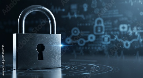 Wallpaper Mural A metallic padlock embedded in a glowing blue microchip, symbolizing data protection and cybersecurity. Intricate circuit lines radiate outward, representing the flow of digital information Torontodigital.ca