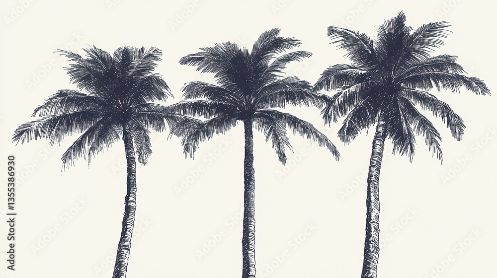 Obraz premium Tropical Trio Majestic Palm Trees Against a Serene Sky.