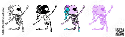 Vector illustration of a Skeleton Ballerina dancing a classical ballet dance, a cute SVG graphic ideal for sublimation print-on-demand (POD) products during the Halloween season.