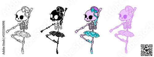 Vector illustration of a Skeleton Ballerina dancing a classical ballet dance, a cute SVG graphic ideal for sublimation print-on-demand (POD) products during the Halloween season.