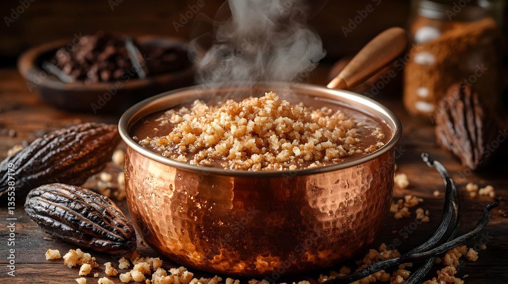 Steaming Chocolate Dessert In Copper Pot With Walnuts Steaming Chocolate Dessert In Copper Pot With Walnuts