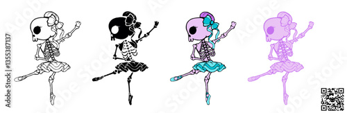 Vector illustration of a Skeleton Ballerina dancing a classical ballet dance, a cute SVG graphic ideal for sublimation print-on-demand (POD) products during the Halloween season.