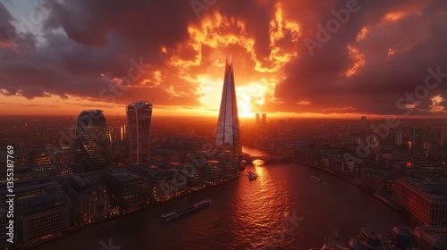 The Shard Ablaze in a Fiery Sunset – Dramatic London Skyline at Twilight