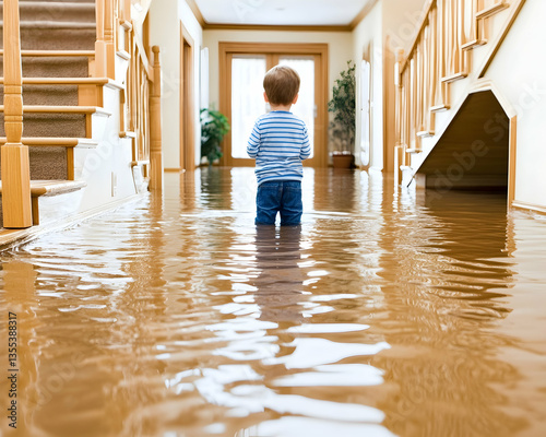 Child in flooded hallway, home damage, water damage, insurance claim