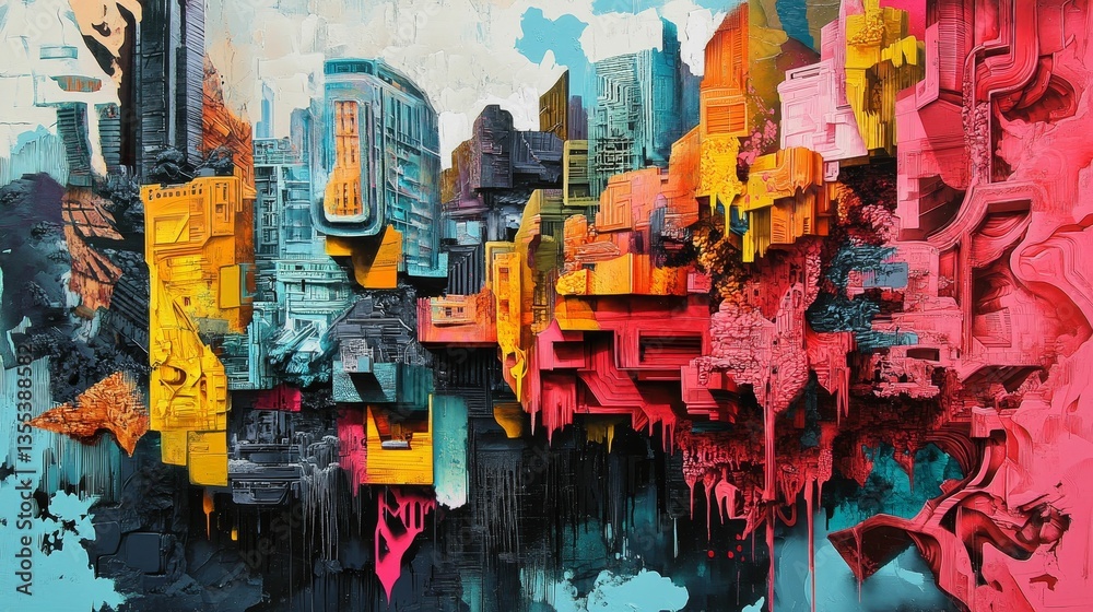 Obraz premium Colorful abstract city drips with paint layers.