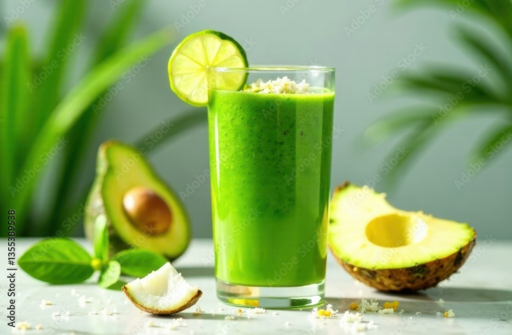 Green smoothie with avocado and lime on a tropical background  