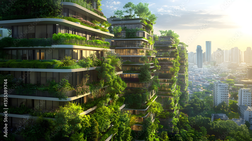 A sustainable city with a focus on reducing CO2 emissions, featuring vertical gardens, green roofs, and solar-powered buildings as part of a smart urban planning strategy. A sustainable city with a focus on reducing CO2 emissions, featuring vertical gardens, green roofs, and solar-powered buildings as part of a smart urban planning strategy.