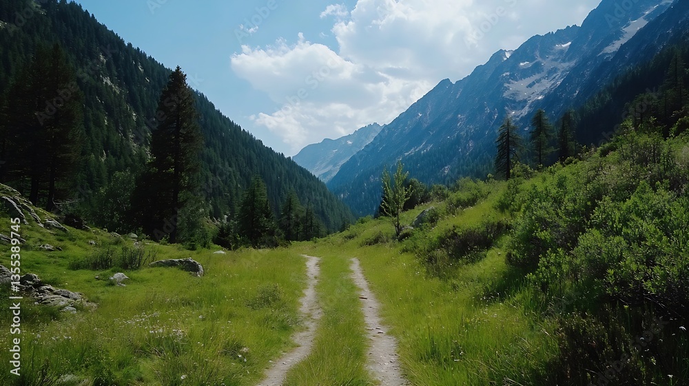 Scenic pathway through a lush green valley surrounded by towering mountains and vibrant trees : Generative AI Scenic pathway through a lush green valley surrounded by towering mountains and vibrant trees : Generative AI