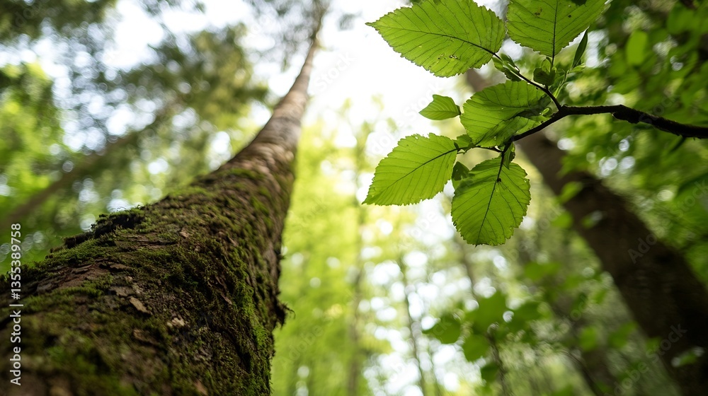 Fototapeta premium Lush Green Tree with Textured Bark Reaching Towards Bright Skies in a Vibrant Forest Setting : Generative AI