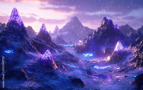 A sci-fi terrain with glowing crystals, metallic plains, and alien mountains in a procedural landscape. Video game 3D level design.