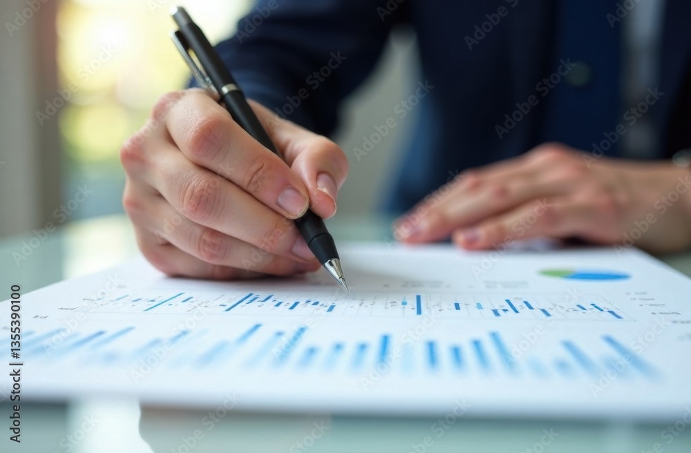 Business professional analyzing data trends on financial reports Business professional analyzing data trends on financial reports