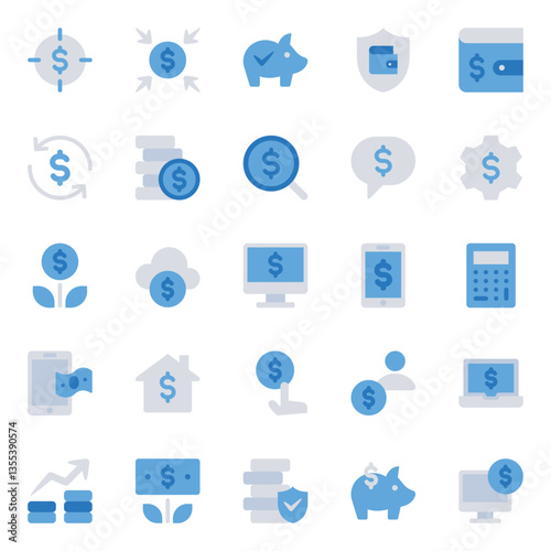 Blue color icons set for Money investment and savings.