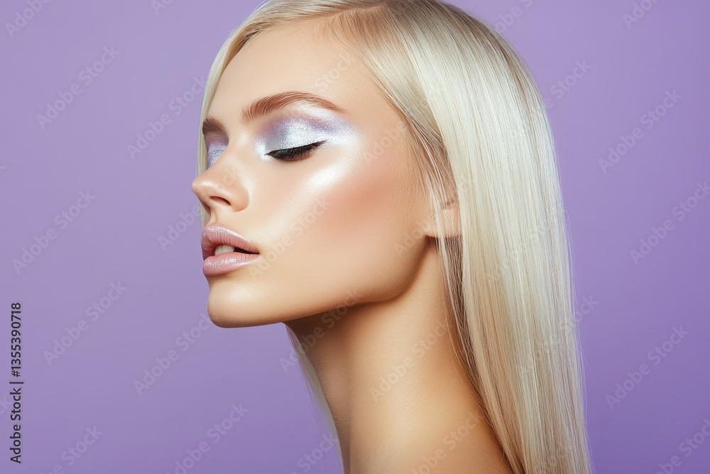 Naklejka premium Profile portrait of a blonde woman with creative silver eyeshadow makeup. Use this image to promote beauty products or cosmetic services.