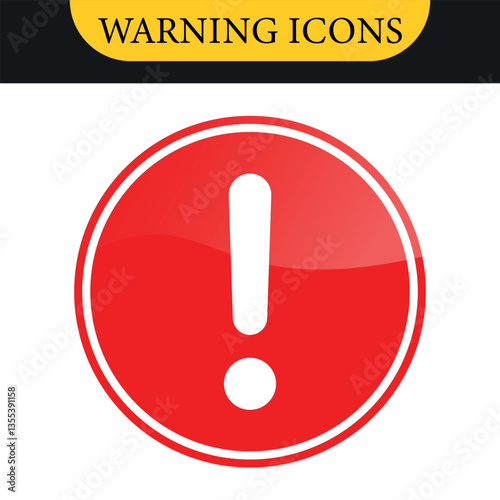 Exclamation mark sign icon in yellow and red circle modern light frame, caution warning attention signs. Vector color set
