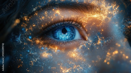 Blue eye with cosmic energy aura face portrait