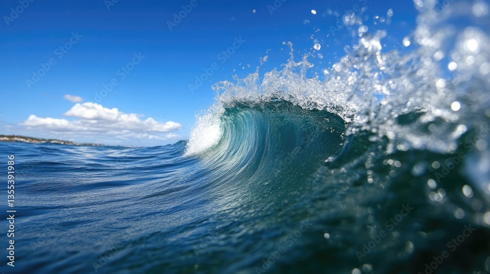 Obraz premium Powerful ocean wave crashing in turquoise water, with a brilliant blue sky