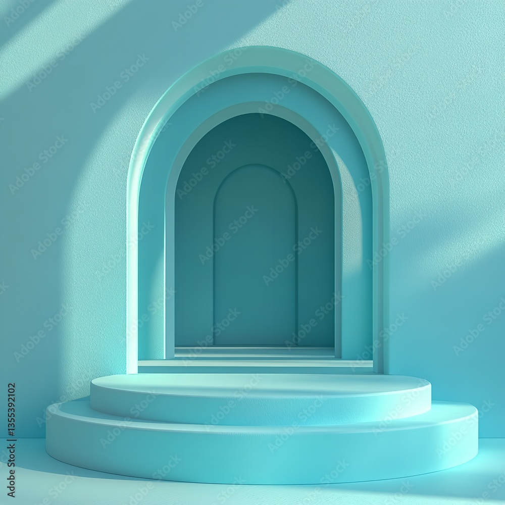 3D Illustration of Empty Teal Podium with Arched Doorways, Simple Design and Minimal Aesthetic 3D Illustration of Empty Teal Podium with Arched Doorways, Simple Design and Minimal Aesthetic