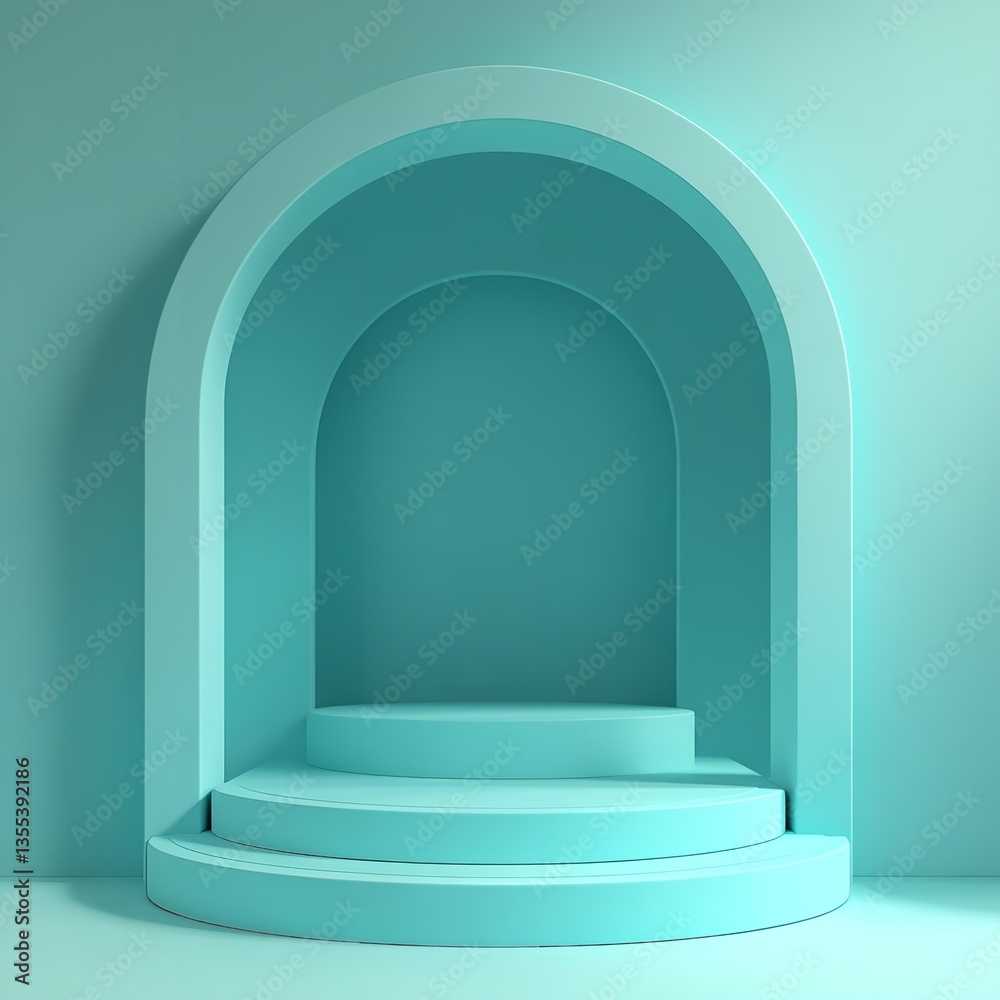3D Illustration of Empty Teal Podium with Arched Doorways, Simple Design and Minimal Aesthetic 3D Illustration of Empty Teal Podium with Arched Doorways, Simple Design and Minimal Aesthetic