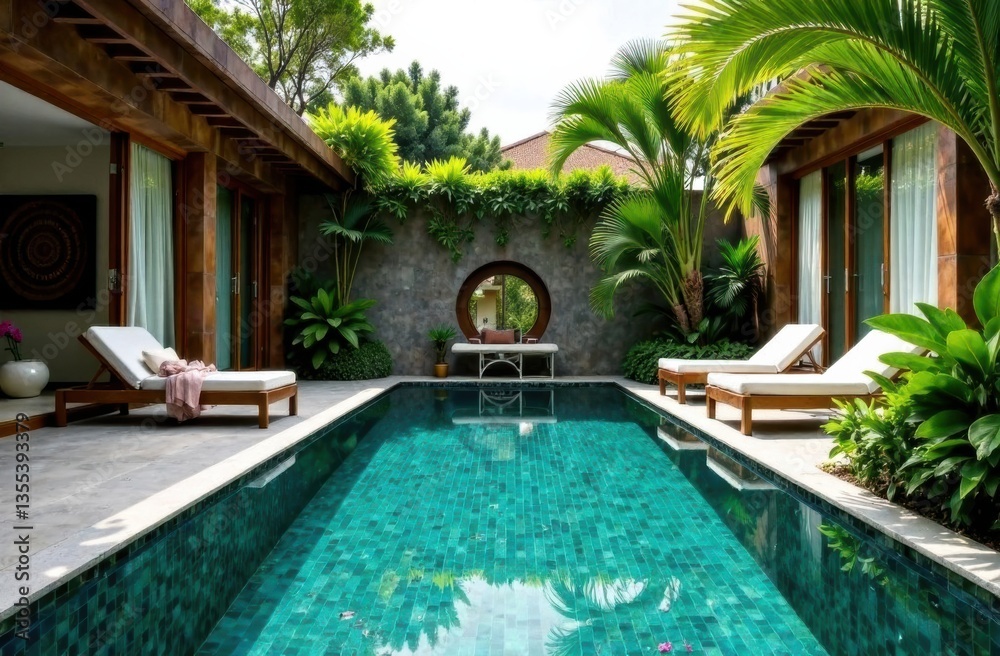 Fototapeta premium Luxury poolside retreat surrounded by lush greenery