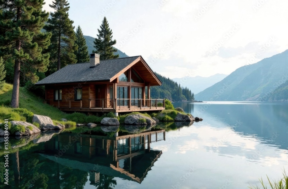 Fototapeta premium Serene wooden cabin reflecting on tranquil lake surrounded by mountains 