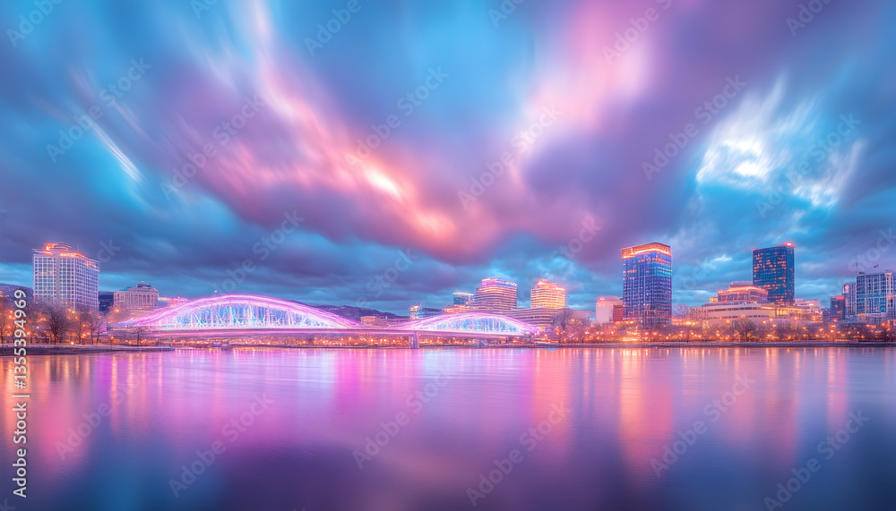Naklejka premium Cityscape twilight, bridge reflection, colorful clouds, calm river