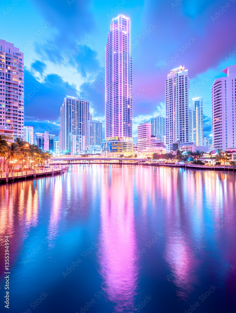 Naklejka premium Cityscape twilight reflection, waterfront buildings