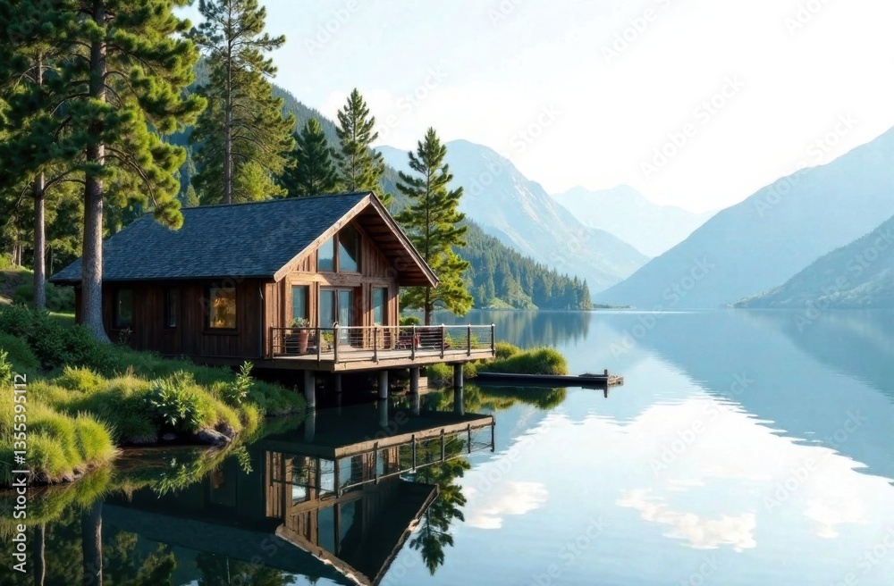 Fototapeta premium Cozy wooden cabin reflecting on serene lake with mountains 