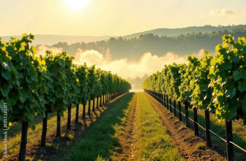 Naklejka premium Lush vineyard rows thriving under golden sunlight 