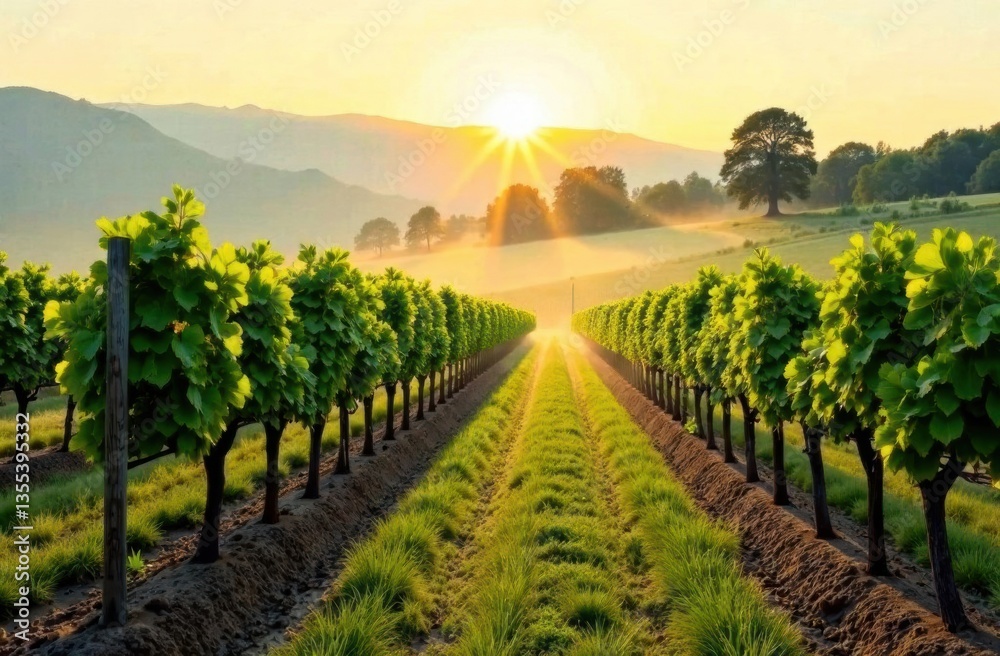 Fototapeta premium Serene vineyard landscape at sunrise with rolling hills 