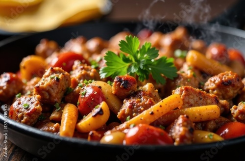 Delicious stir-fried sausage and vegetables in a black bowl  