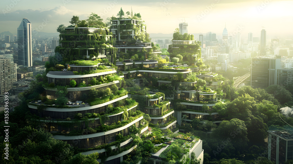 Obraz premium A sustainable urban city with green rooftops, vertical gardens, and electric vehicles integrated into every corner, reducing pollution and creating a livable environment.
