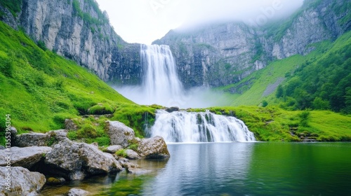 Majestic waterfall cascading down rocky cliffs into a serene lake, surrounded by lush greenery