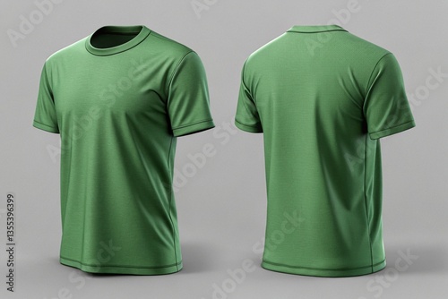 The image showcases an elegant dark green t-shirt displayed on a stand,Green T-Shirt Template: Clean and Customizable Front and Back Mockup Design,wo t-shirts, one facing forward and the other facing 
