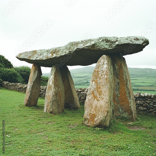 Ancient stone structure, possibly a dolmen, rests on four upright stones, overlooking a verdant landscape under a cloudy sky