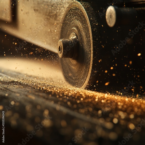 Close-up of a belt sander in motion, sharp textures of the sandpaper and wood grain, dynamic lighting, intense and photorealistic, ultra-HD
