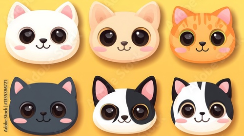 Kawaii pet face emojis, adorable cats and dogs with big eyes.