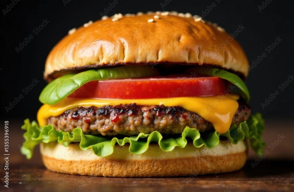 Delicious cheeseburger with lettuce and tomato on wooden background Delicious cheeseburger with lettuce and tomato on wooden background