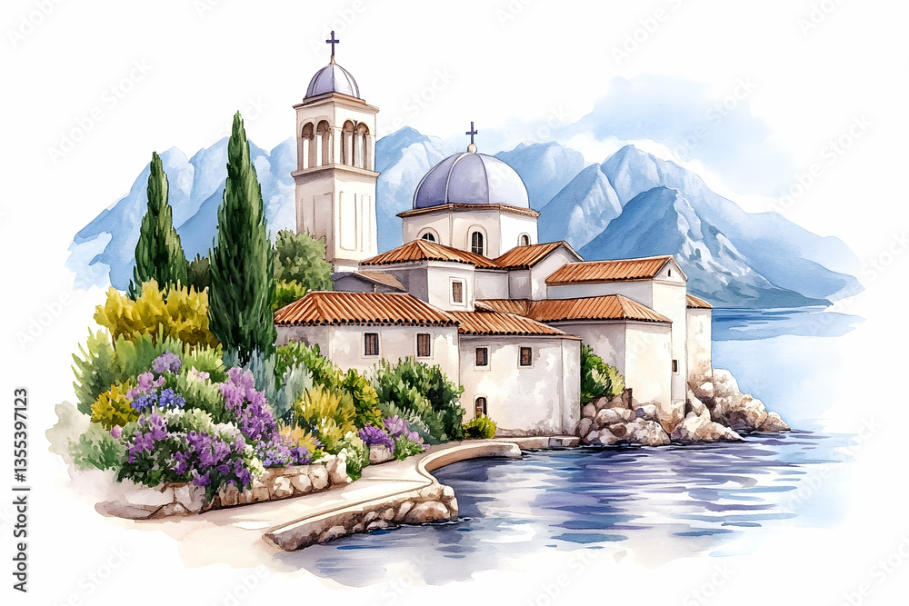 Obraz premium Coastal Church Watercolor Scene