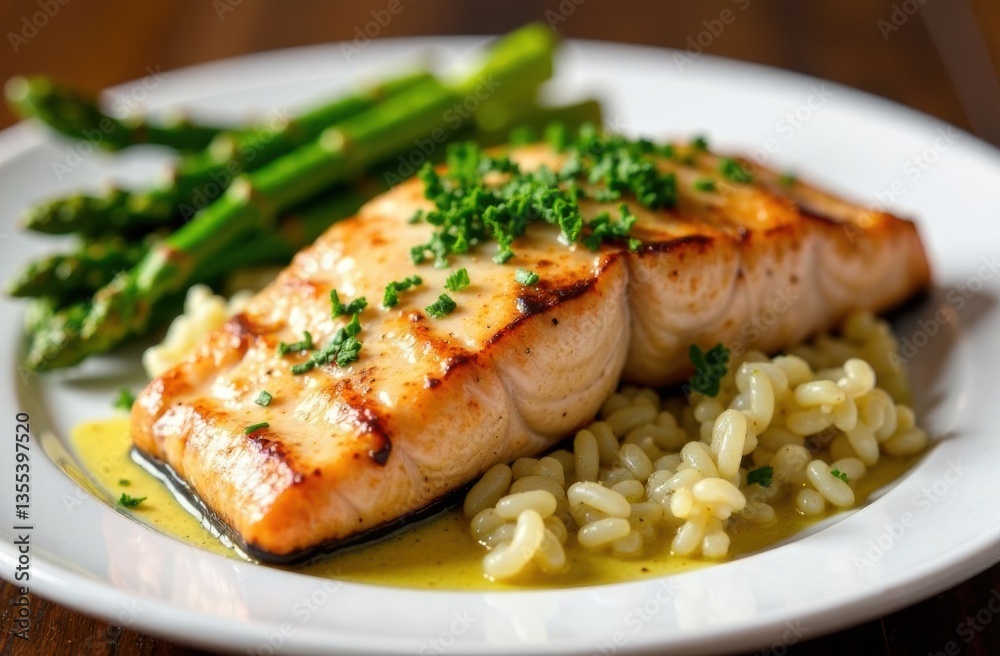 Grilled salmon fillet with asparagus and rice on a plate Grilled salmon fillet with asparagus and rice on a plate