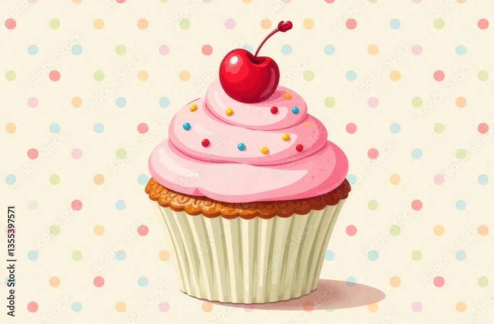 Cupcake with Frosting and Cherry on Polka Dot Background Cupcake with Frosting and Cherry on Polka Dot Background