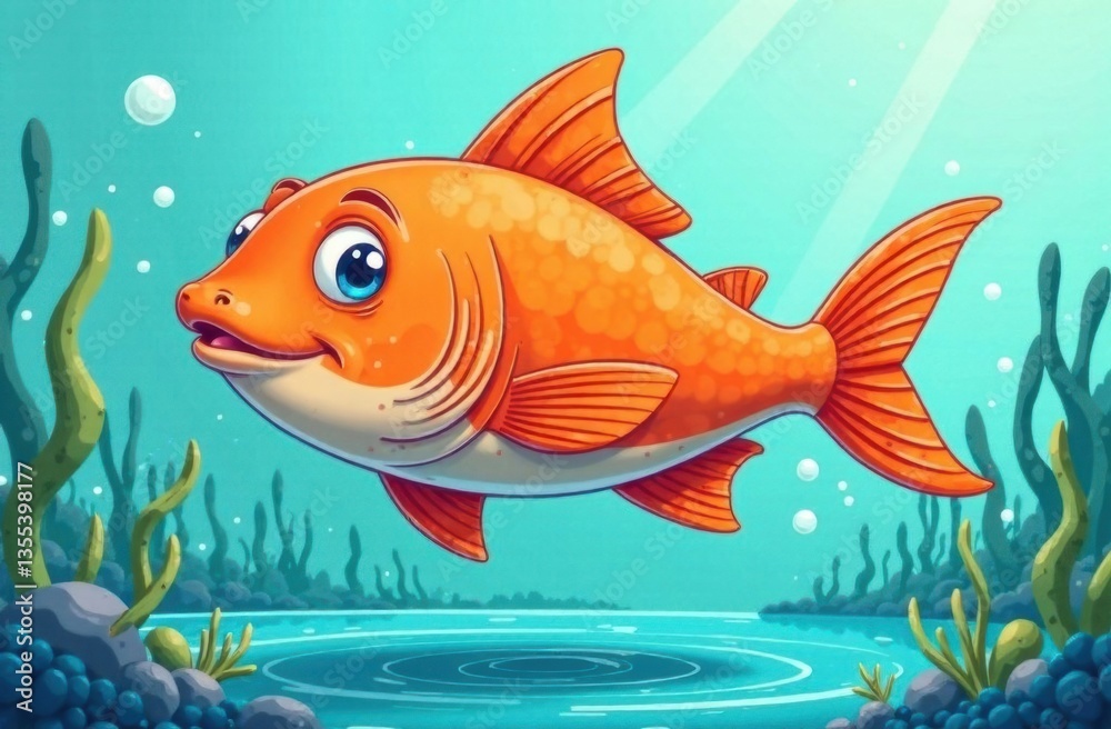 Naklejka premium Cartoon goldfish swimming in a bright underwater scene